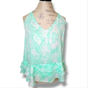 Buddy Love Light Green And White Printed V-Neck Drapery Cami Top - Size Large